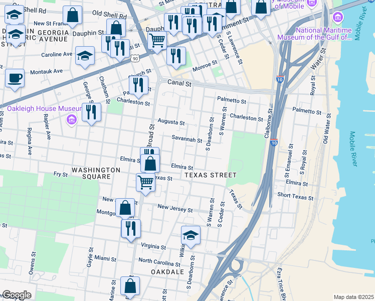 map of restaurants, bars, coffee shops, grocery stores, and more near 410 South Washington Avenue in Mobile