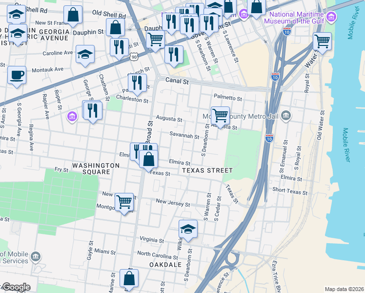 map of restaurants, bars, coffee shops, grocery stores, and more near 714 Savannah Street in Mobile