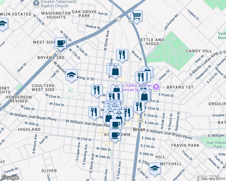 map of restaurants, bars, coffee shops, grocery stores, and more near 700 N Bryan Ave in Bryan