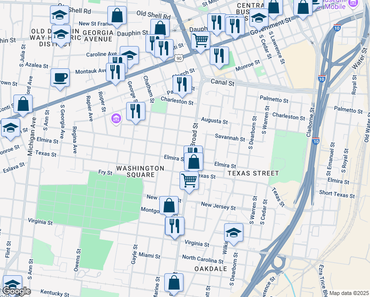 map of restaurants, bars, coffee shops, grocery stores, and more near 908 Selma Street in Mobile