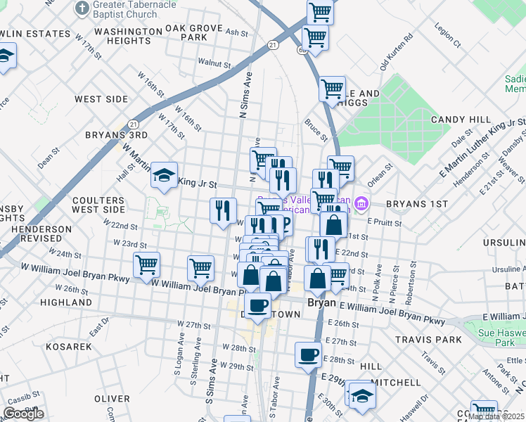 map of restaurants, bars, coffee shops, grocery stores, and more near 700 N Bryan Ave in Bryan