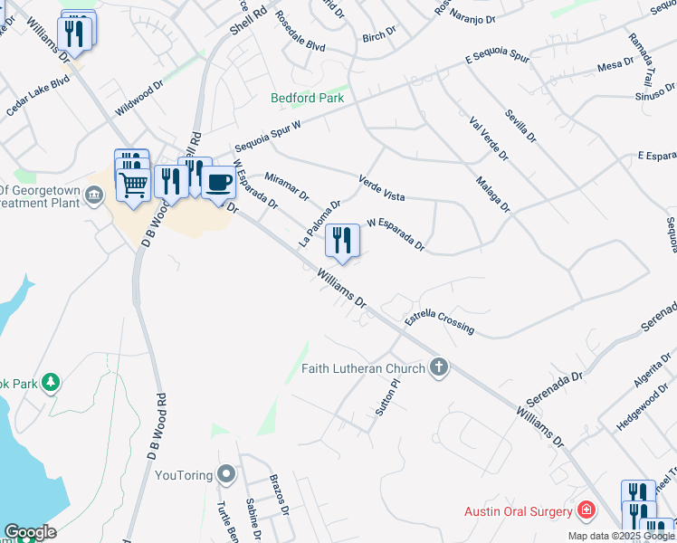 map of restaurants, bars, coffee shops, grocery stores, and more near 4159 Williams Drive in Georgetown