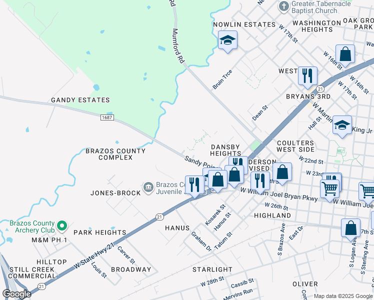 map of restaurants, bars, coffee shops, grocery stores, and more near 1828 Sandy Point Road in Bryan