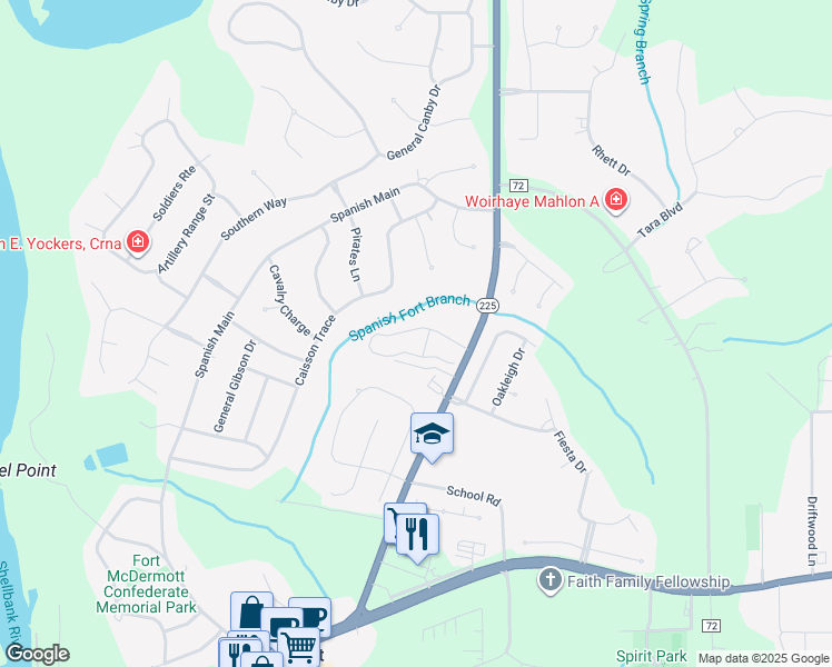 map of restaurants, bars, coffee shops, grocery stores, and more near 31155 Alabama 225 in Spanish Fort