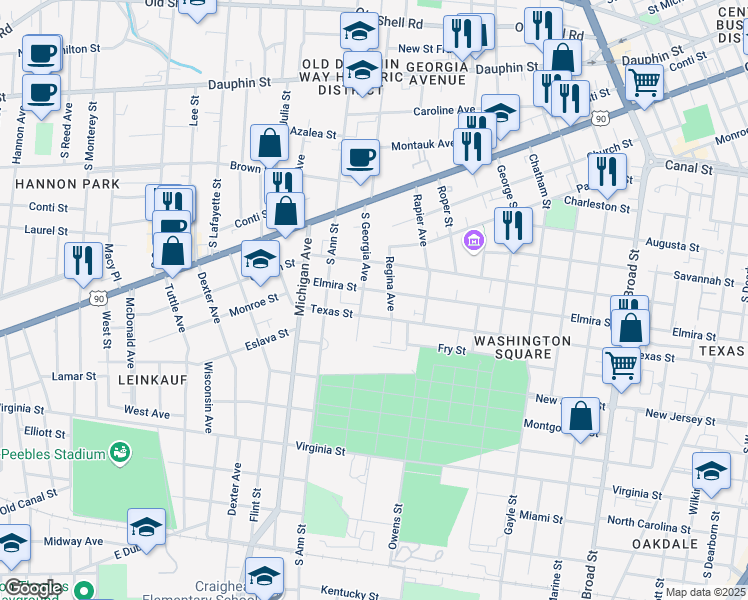 map of restaurants, bars, coffee shops, grocery stores, and more near 1223 Elmira St in Mobile