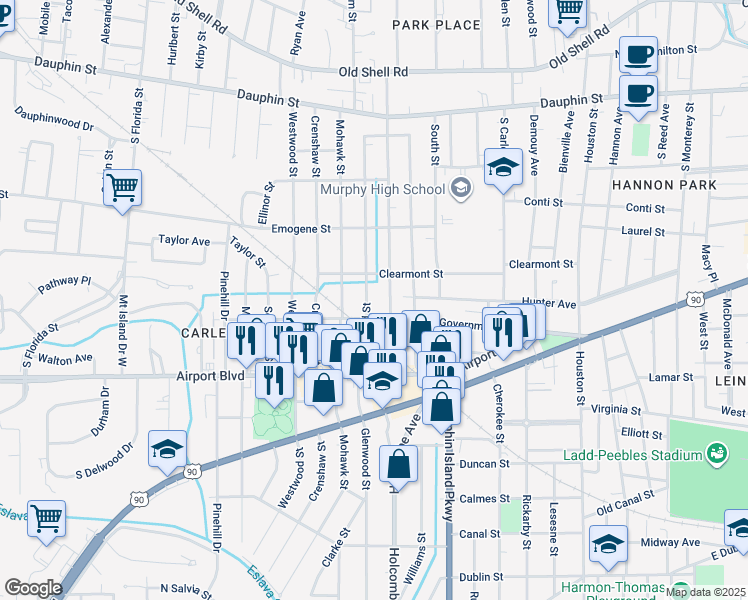 map of restaurants, bars, coffee shops, grocery stores, and more near in Mobile