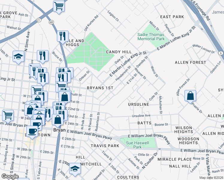 map of restaurants, bars, coffee shops, grocery stores, and more near 802 Henderson Street in Bryan