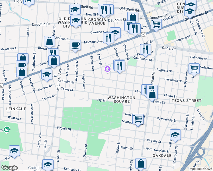 map of restaurants, bars, coffee shops, grocery stores, and more near 1119 Selma Street in Mobile