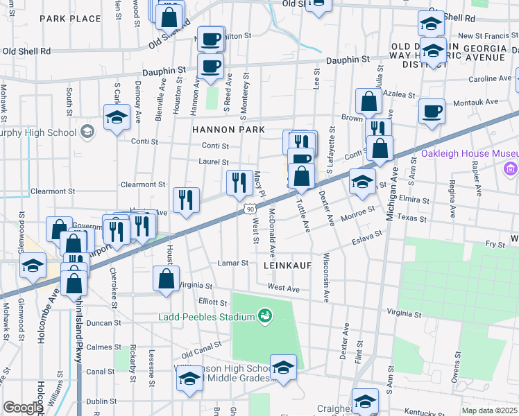 map of restaurants, bars, coffee shops, grocery stores, and more near 205 West Street in Mobile