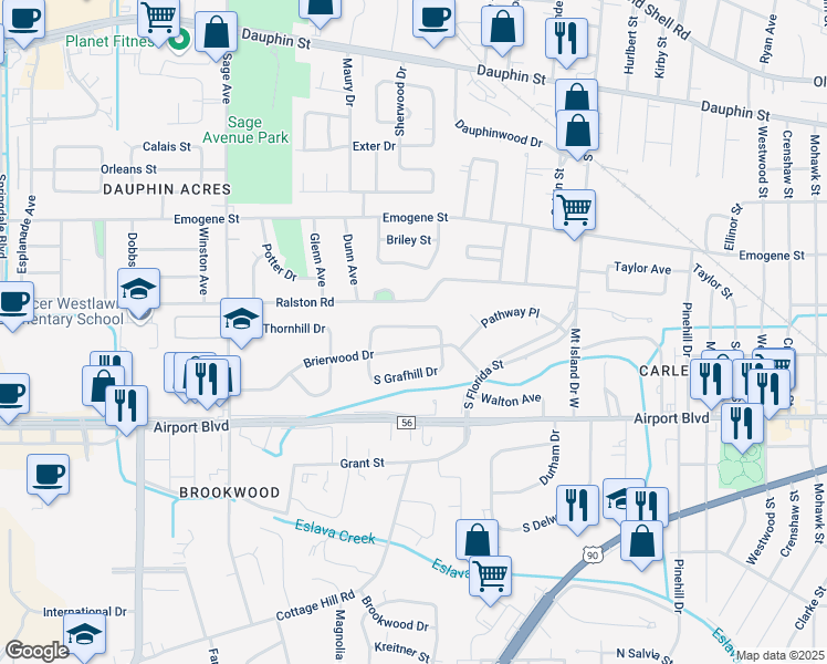 map of restaurants, bars, coffee shops, grocery stores, and more near 2757 Grafhill Drive in Mobile