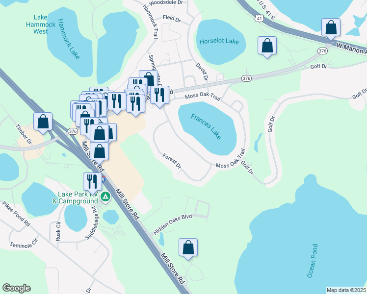 map of restaurants, bars, coffee shops, grocery stores, and more near 5365 Moss Oak Trail in Lake Park