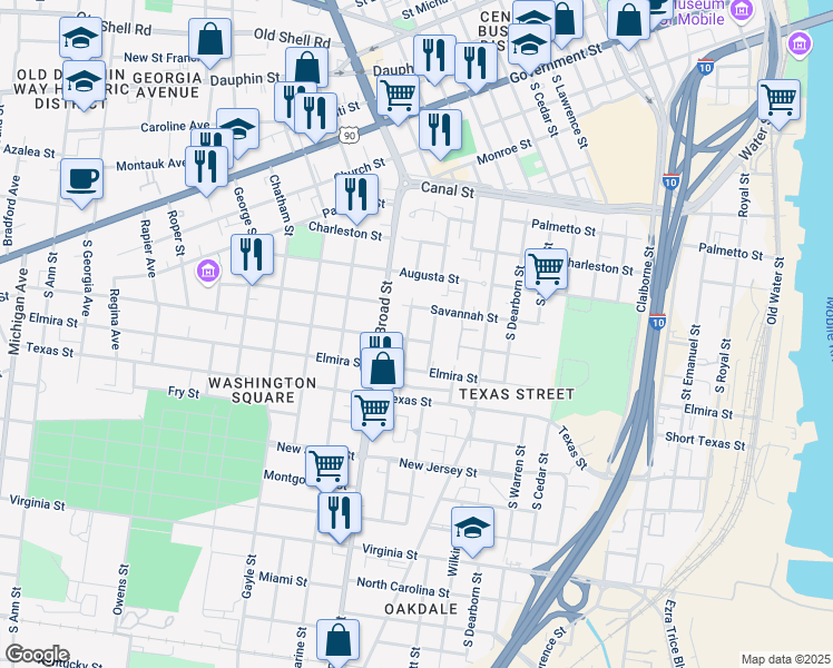 map of restaurants, bars, coffee shops, grocery stores, and more near 410 South Jefferson Street in Mobile