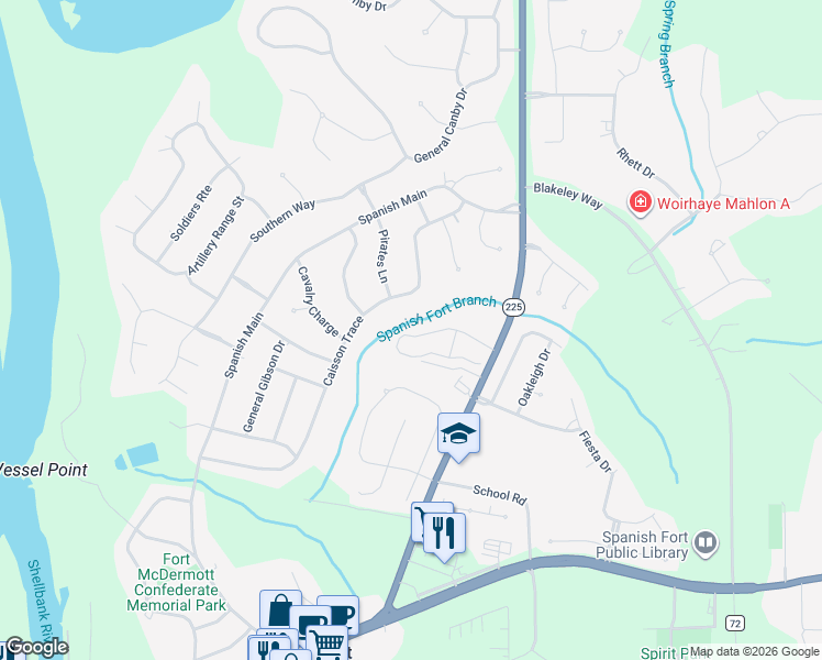 map of restaurants, bars, coffee shops, grocery stores, and more near 31155 Alabama 225 in Spanish Fort