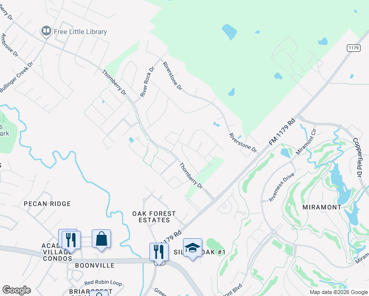 map of restaurants, bars, coffee shops, grocery stores, and more near 3505 Foxcroft Path in Bryan