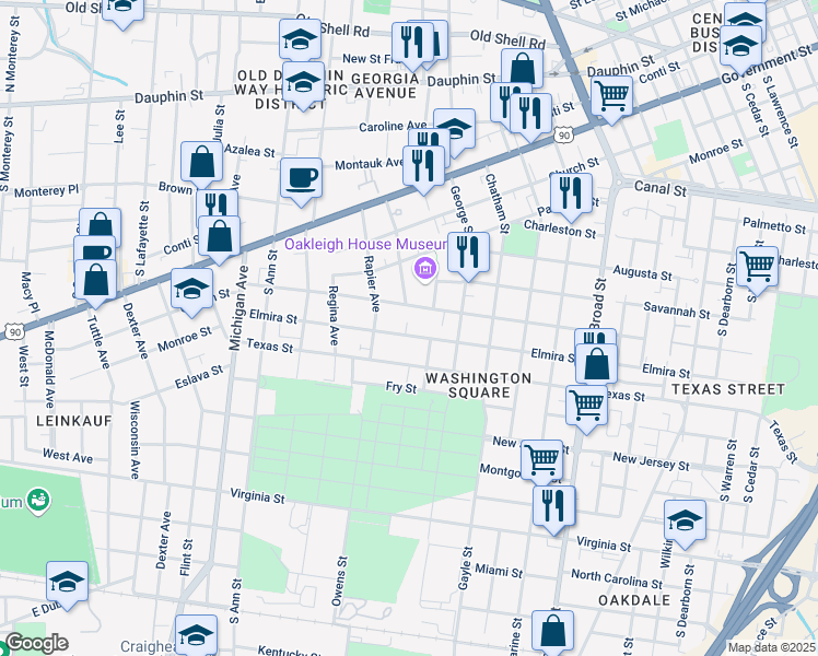 map of restaurants, bars, coffee shops, grocery stores, and more near 1160 Elmira Street in Mobile