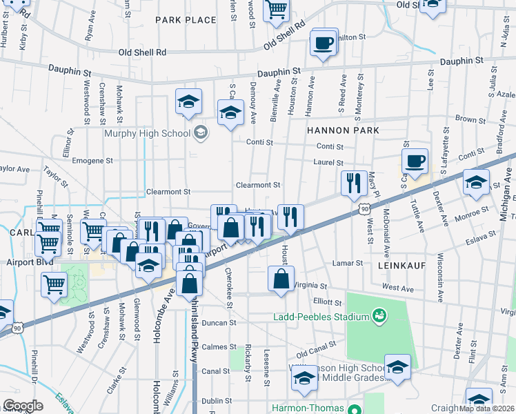 map of restaurants, bars, coffee shops, grocery stores, and more near 163 Kenan Street in Mobile