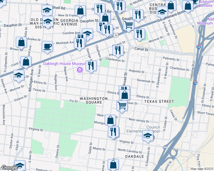map of restaurants, bars, coffee shops, grocery stores, and more near 965 Selma Street in Mobile