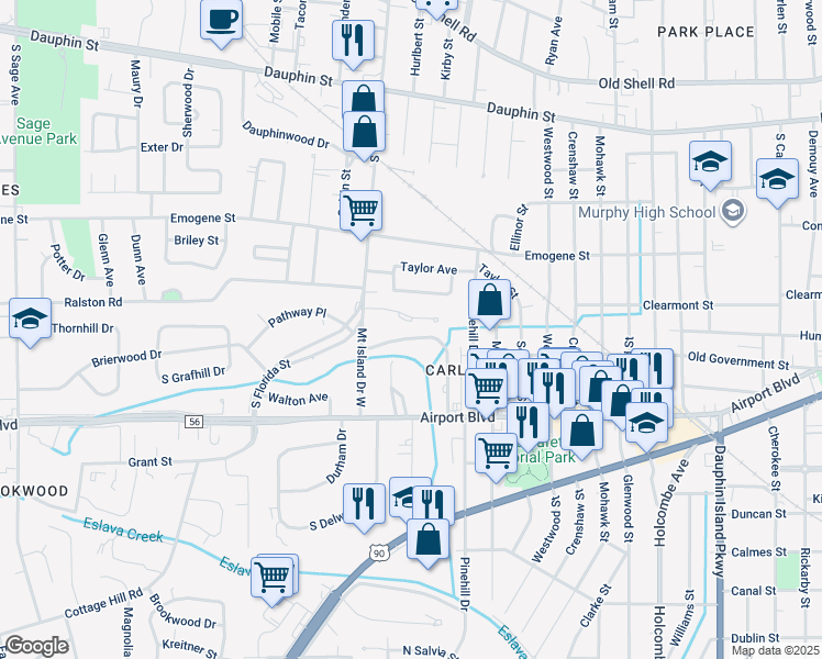 map of restaurants, bars, coffee shops, grocery stores, and more near 2517 Oak View Drive in Mobile