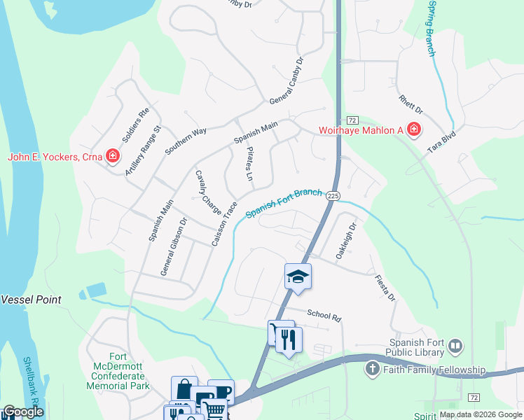 map of restaurants, bars, coffee shops, grocery stores, and more near 74 Caisson Trace Street in Spanish Fort