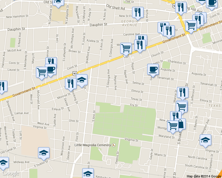 map of restaurants, bars, coffee shops, grocery stores, and more near 1223 Elmira St in Mobile