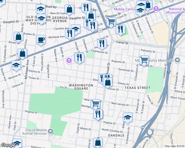 map of restaurants, bars, coffee shops, grocery stores, and more near 965 Selma Street in Mobile
