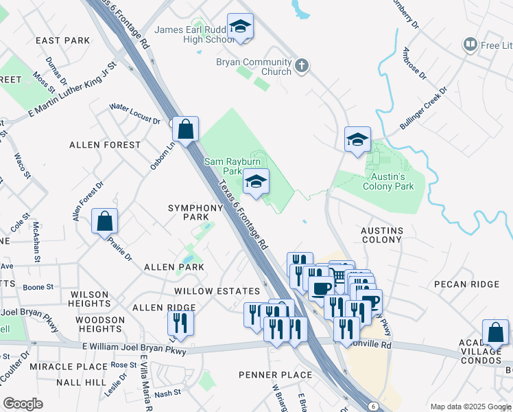 map of restaurants, bars, coffee shops, grocery stores, and more near 1048 North Earl Rudder Freeway in Bryan