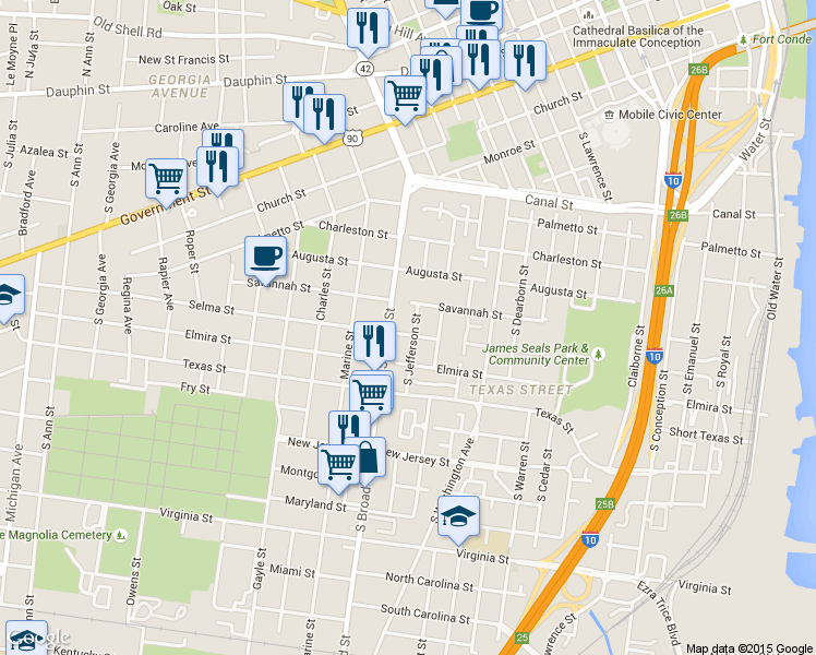 map of restaurants, bars, coffee shops, grocery stores, and more near 410 South Jefferson Street in Mobile