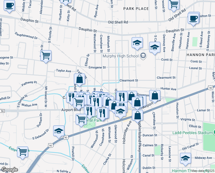 map of restaurants, bars, coffee shops, grocery stores, and more near 208 Mohawk Street in Mobile