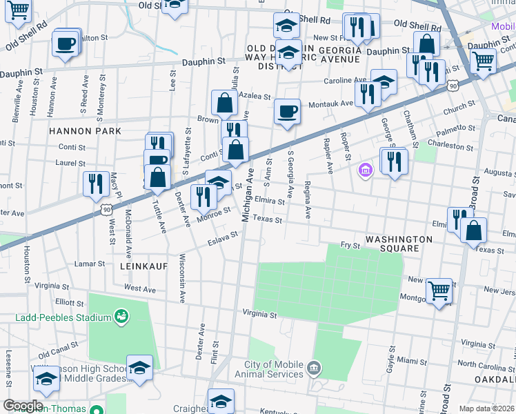 map of restaurants, bars, coffee shops, grocery stores, and more near 1261 Elmira Street in Mobile