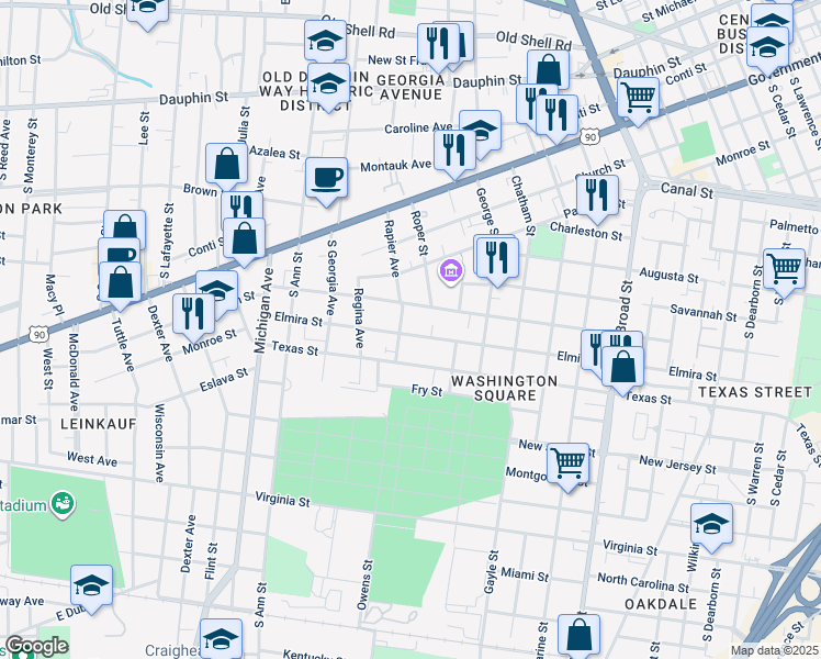 map of restaurants, bars, coffee shops, grocery stores, and more near 1172 Elmira Street in Mobile