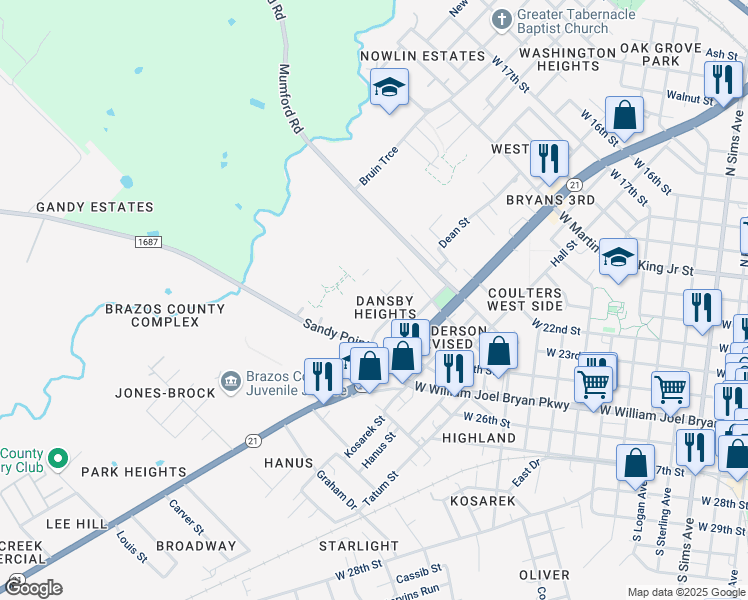 map of restaurants, bars, coffee shops, grocery stores, and more near 220 Neel Street in Bryan