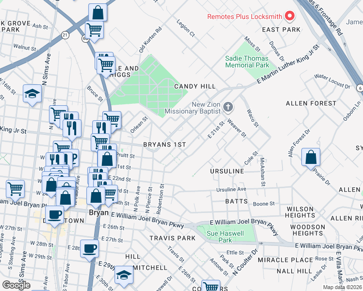 map of restaurants, bars, coffee shops, grocery stores, and more near 1208 Military Drive in Bryan