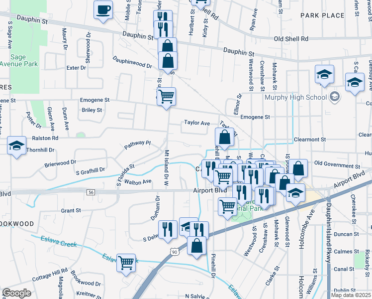 map of restaurants, bars, coffee shops, grocery stores, and more near 2517 Oak View Drive in Mobile