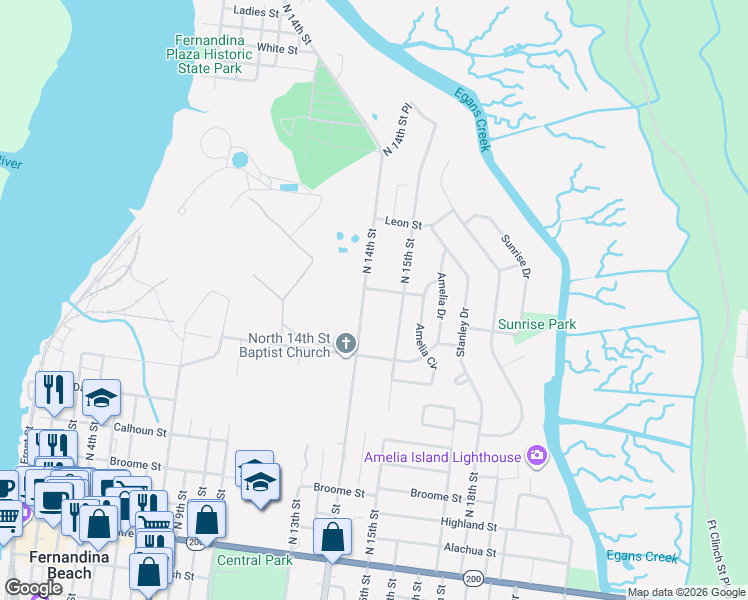 map of restaurants, bars, coffee shops, grocery stores, and more near 724 North 14th Street in Fernandina Beach