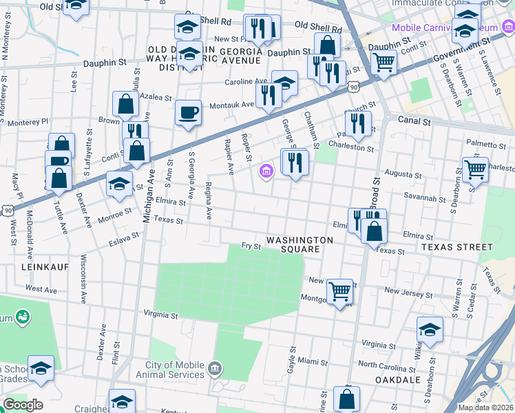 map of restaurants, bars, coffee shops, grocery stores, and more near 1160 Elmira Street in Mobile