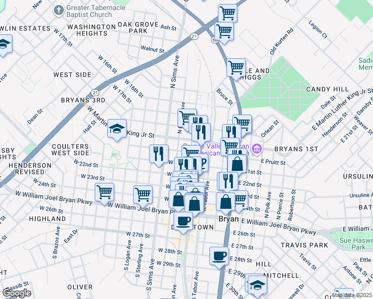 map of restaurants, bars, coffee shops, grocery stores, and more near 700 N Bryan Ave in Bryan