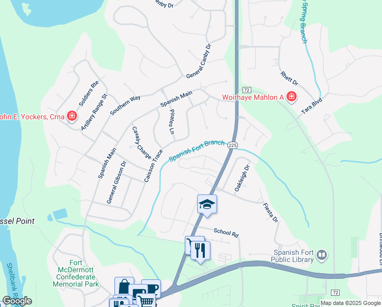 map of restaurants, bars, coffee shops, grocery stores, and more near 31155 Alabama 225 in Spanish Fort