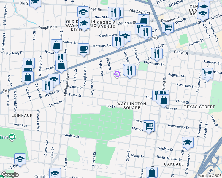 map of restaurants, bars, coffee shops, grocery stores, and more near 1172 Elmira Street in Mobile