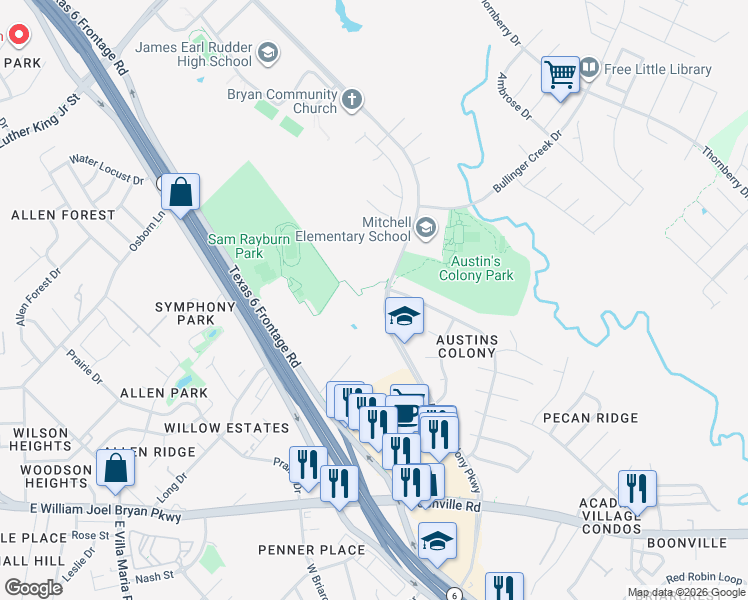 map of restaurants, bars, coffee shops, grocery stores, and more near 2477 Austins Colony Parkway in Bryan