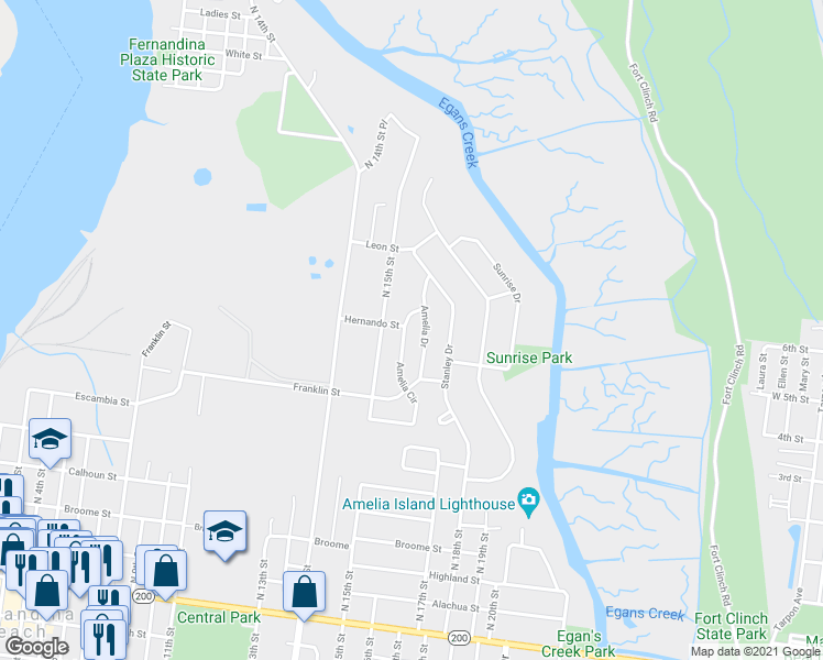 map of restaurants, bars, coffee shops, grocery stores, and more near 720 Amelia Circle in Fernandina Beach