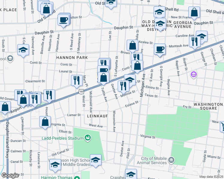 map of restaurants, bars, coffee shops, grocery stores, and more near 1506 Church Street in Mobile