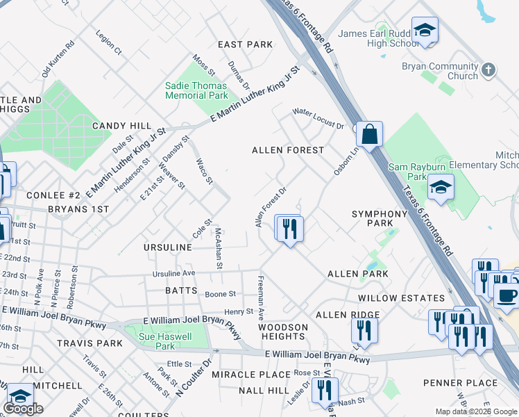 map of restaurants, bars, coffee shops, grocery stores, and more near 2508 Allen Forest Drive in Bryan