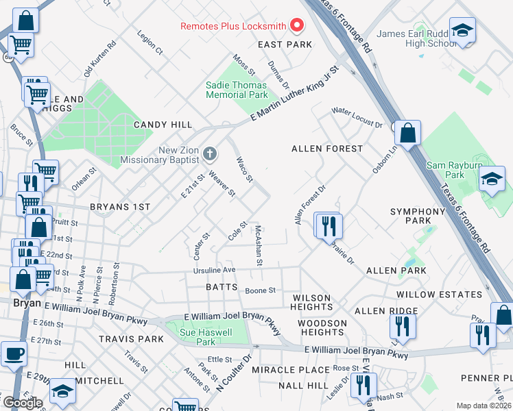 map of restaurants, bars, coffee shops, grocery stores, and more near 1004 Cole Street in Bryan
