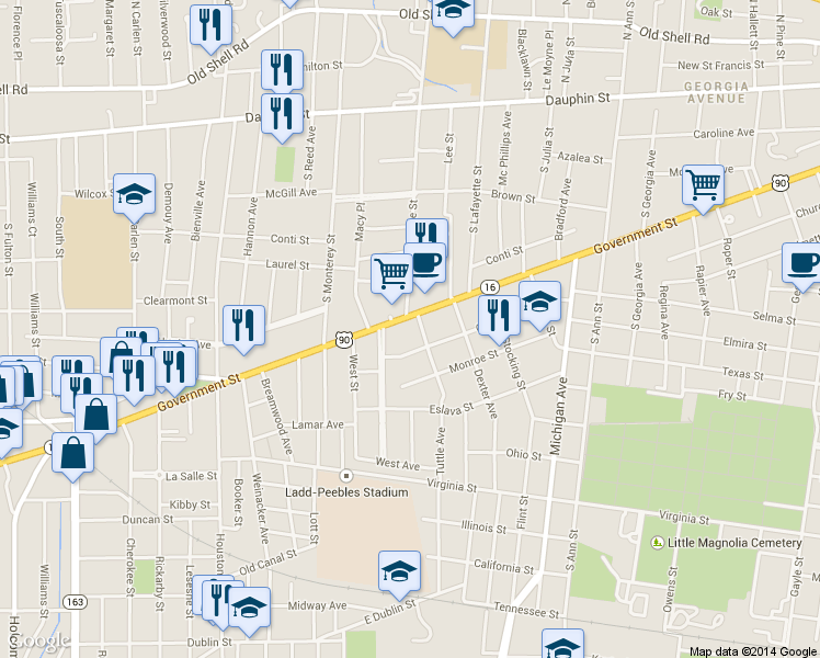 map of restaurants, bars, coffee shops, grocery stores, and more near 1555 Government St in Mobile