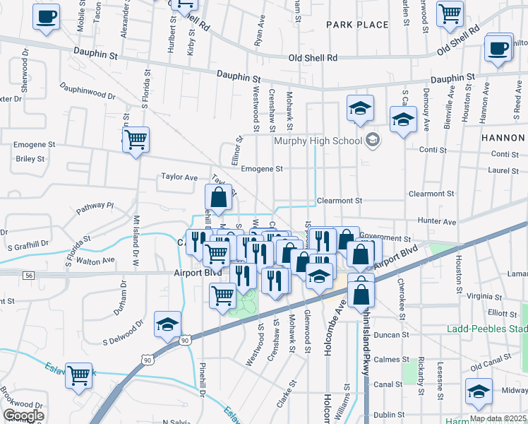 map of restaurants, bars, coffee shops, grocery stores, and more near 175 Westwood Street in Mobile