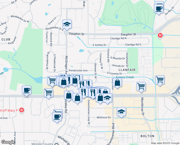 map of restaurants, bars, coffee shops, grocery stores, and more near 3909 Pembrocke Avenue in Mobile