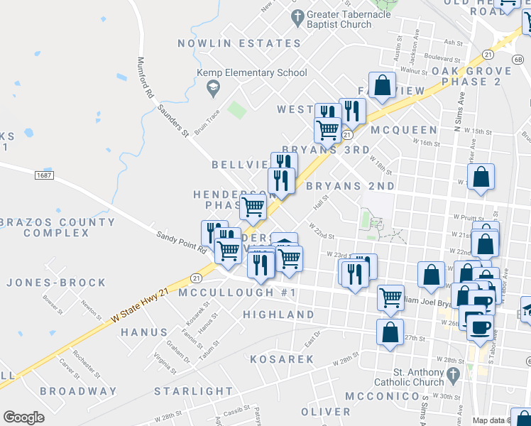 map of restaurants, bars, coffee shops, grocery stores, and more near 1503 Saunders Street in Bryan