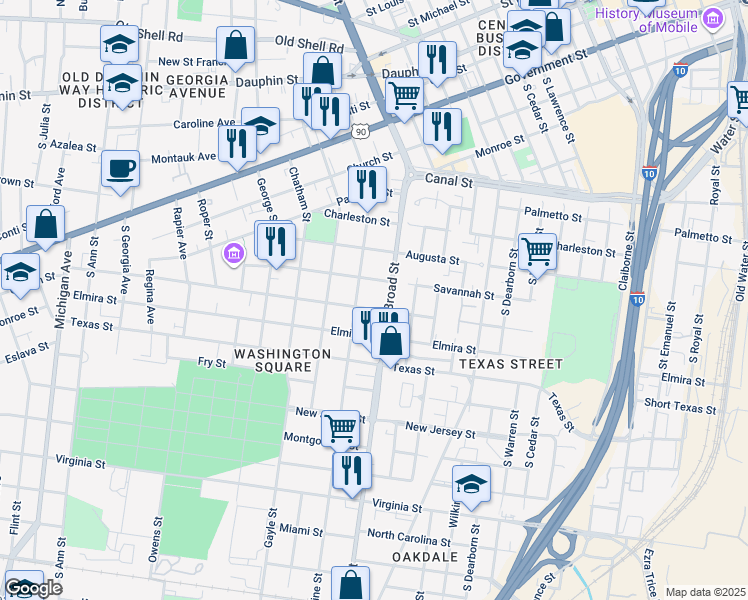 map of restaurants, bars, coffee shops, grocery stores, and more near 908 Selma St in Mobile