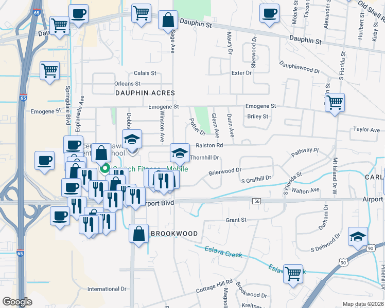 map of restaurants, bars, coffee shops, grocery stores, and more near 2902 Thornhill Drive in Mobile
