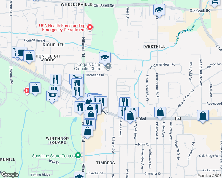 map of restaurants, bars, coffee shops, grocery stores, and more near 495 Evergreen Road in Mobile